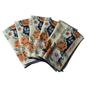 Vintage Cacharel Floral Linen Napkins Set Of 6 Beige & Navy Cotton 16x16 Inches